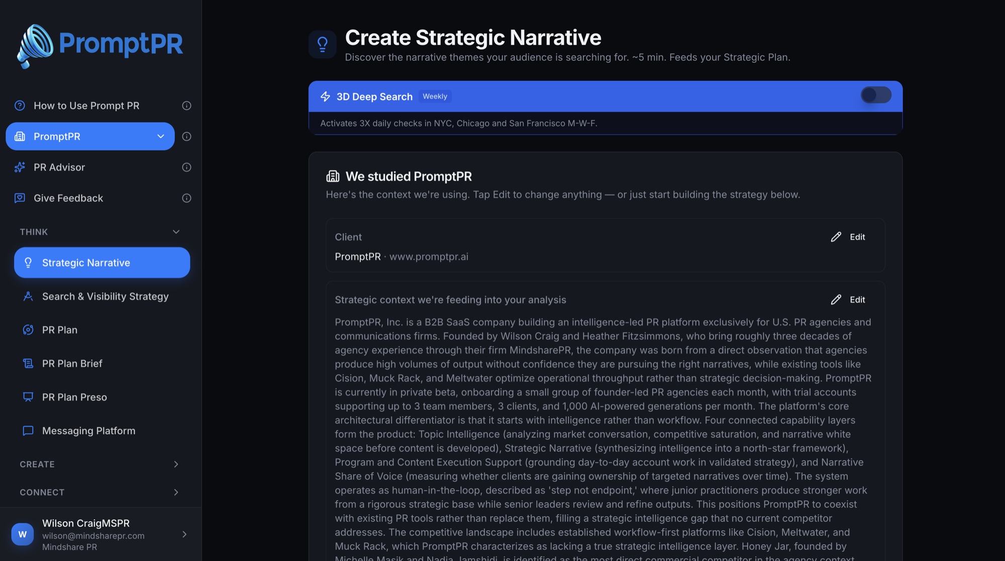 PromptPR's Create Strategic Narrative screen